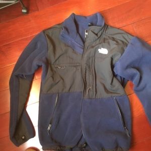 Blue and black North Face winter jacket
